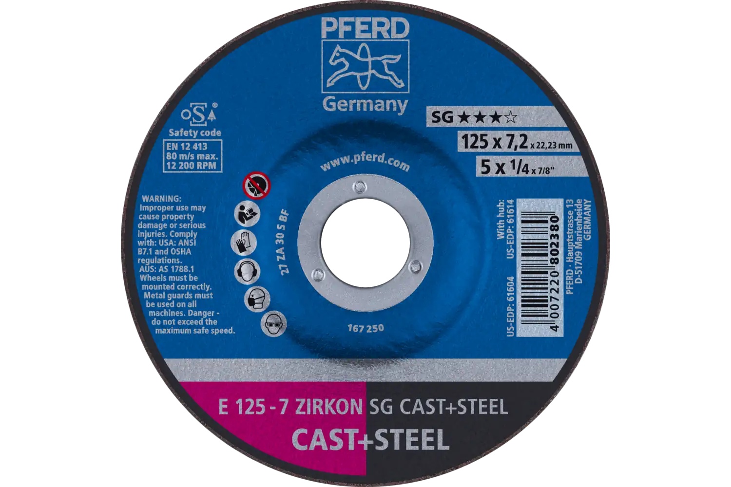 Picture of Pferd Grinding Wheel, 5" X 1/4 X 7/8, Zircon Sg Cast+Steel, T27, Za, Ao